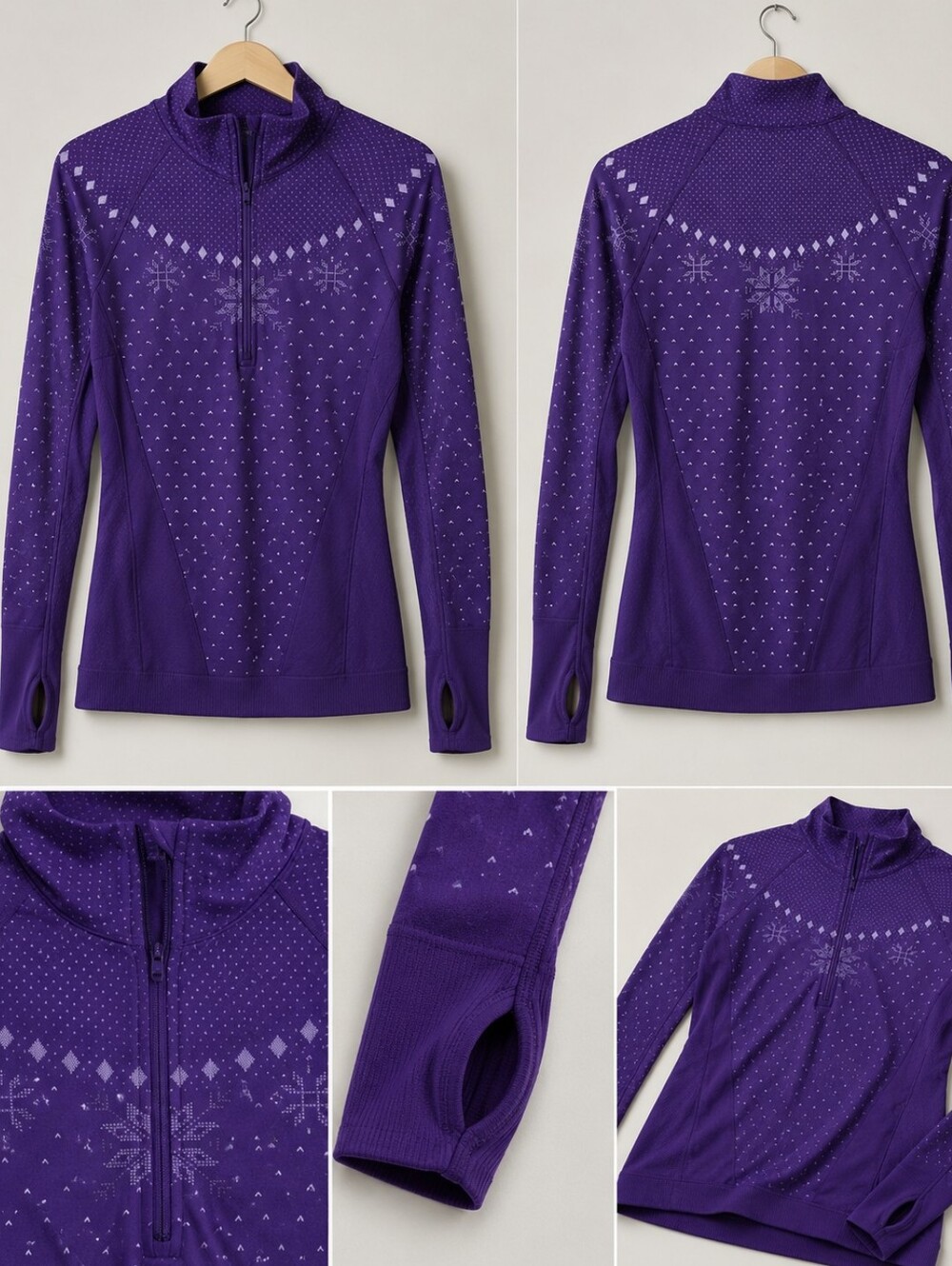 Zella Holiday Purple Snowflake Fall Top Stretchy Zipper Front Mock Neck Tight L